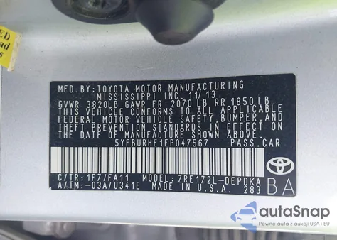 2014 Toyota Corolla L из США, поврежденный, VIN 5YFBURHE1EP047567